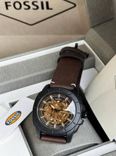 Fossil Men's  Premium Automatic Skeleton Watch – Brown Leather Strap, Black Case, 42mm